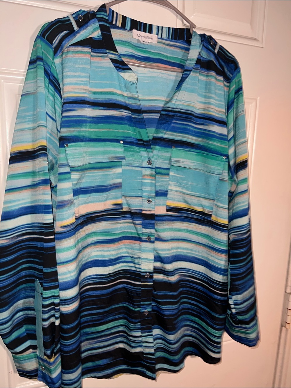 Calvin Klein Striped Button-Front Women's Shirt in Blue and Teal